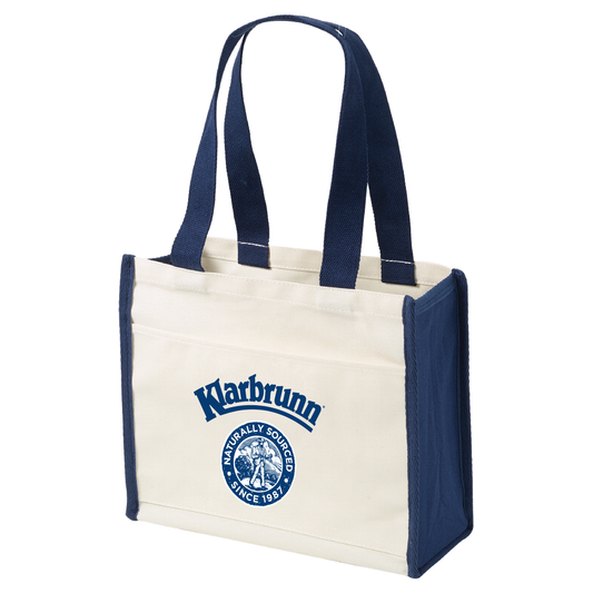 canvas and navy tote with klarbrunn logo