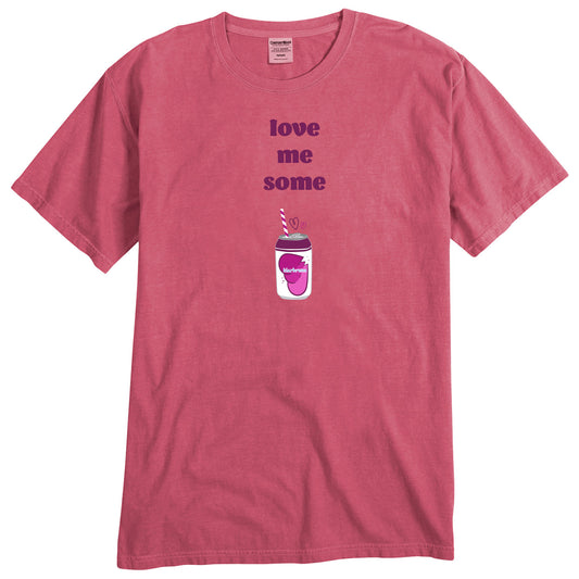 desaturated magenta tee with a design on front. design reads love me some and then a picture of a klarbrunn can