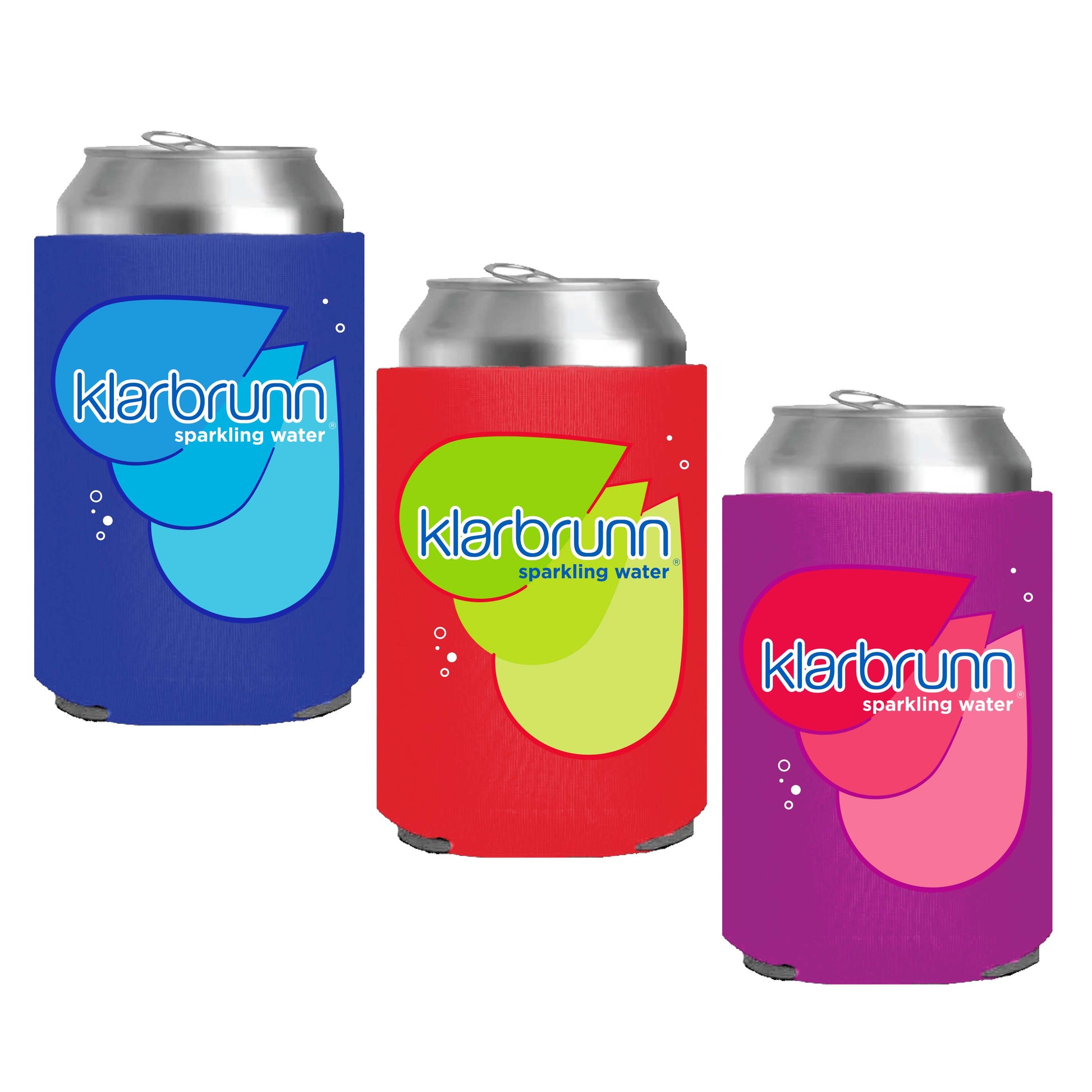 blue, red and purple can koozies with the klarbrunn logo on each