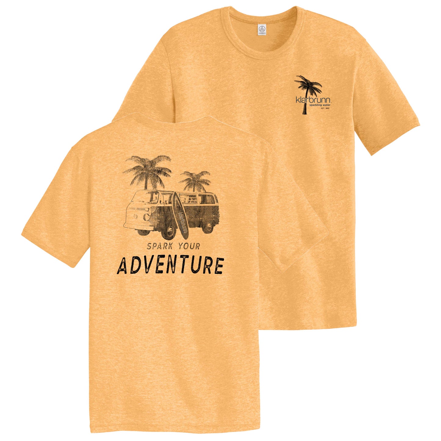 pale orange shirt. back design with van, palm trees and words "spark your adventure". front has "klarbrunn" in front of palm tree