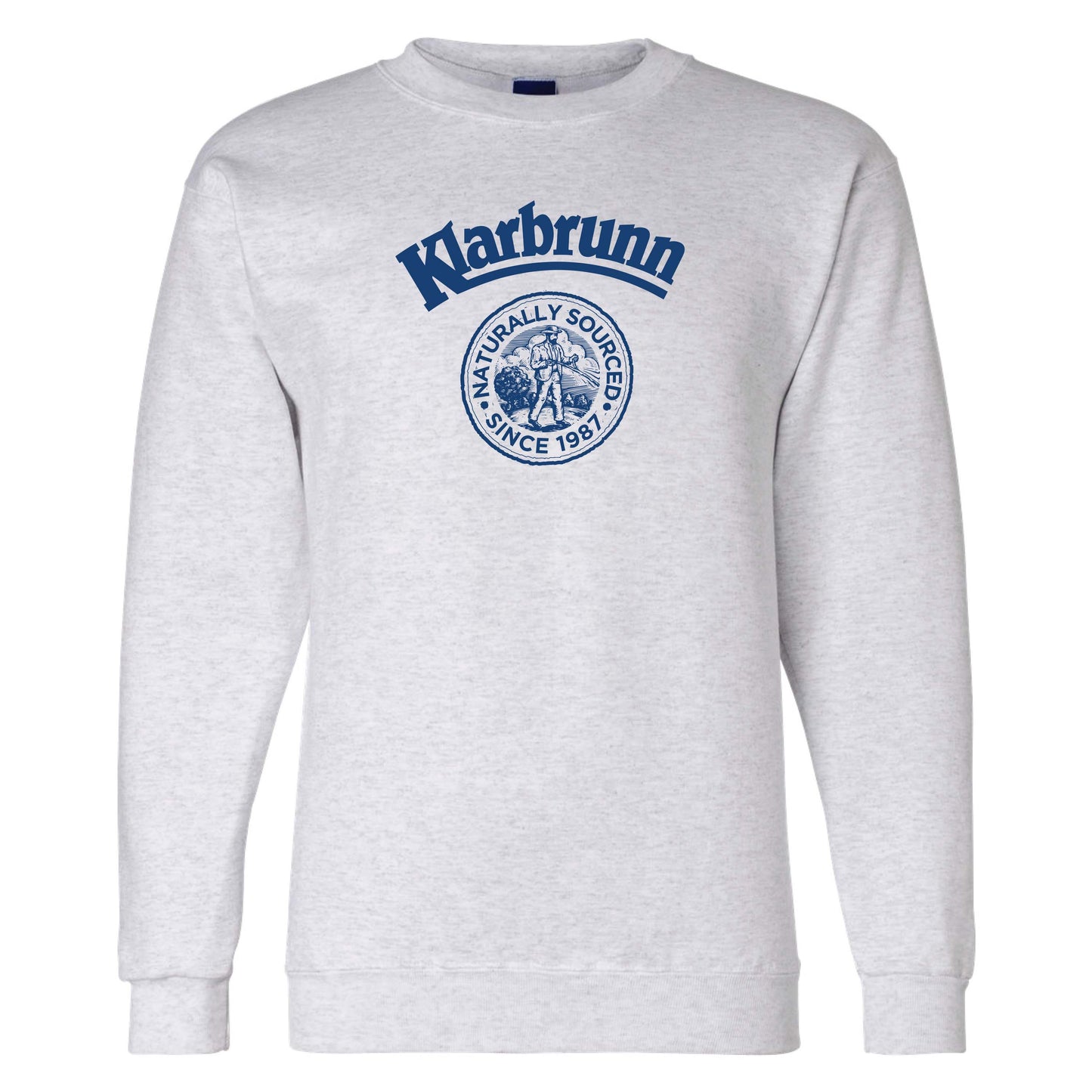 grey heather sweater with retro klarbrunn logo on front. "naturally sourced since 1987"