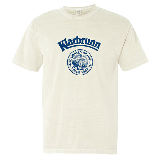 eggshell white shirt with retro klarbrunn logo "naturally sourced since 1987"